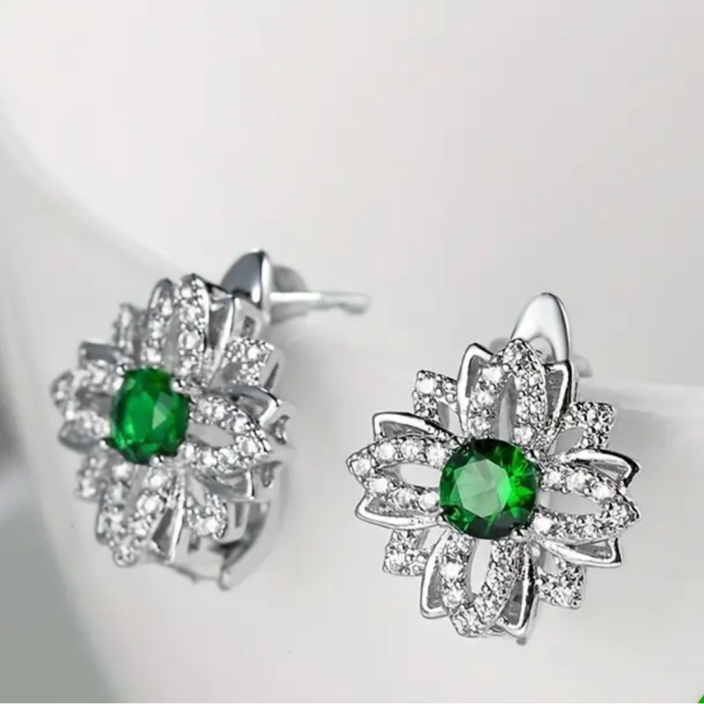 Elegant Silver and Green Floral Earrings